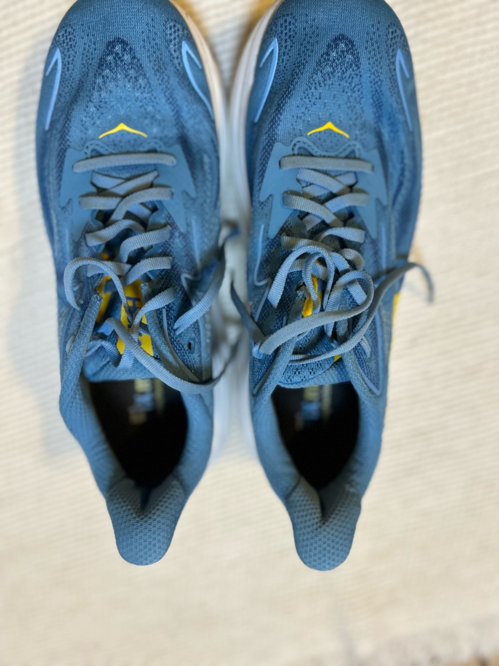 Hoka One One Blue Athletic Running Shoes with Yellow Accents